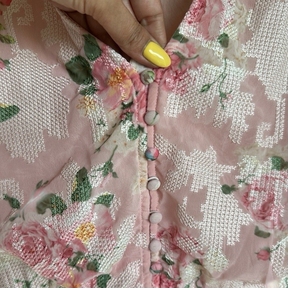 Anthropologie Hemant & Nandita Pink Embroidered Rose Garden Peplum Blouse XS - Picture 5 of 12